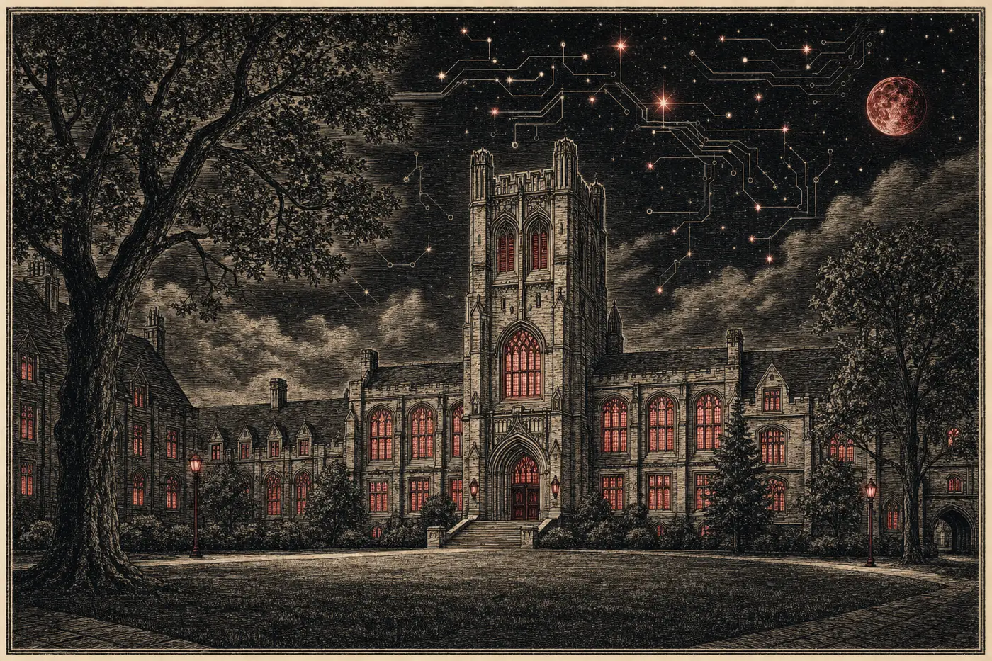 Engraving of the university hall at night, its windows lit, beneath a sky of circuit-traced constellations